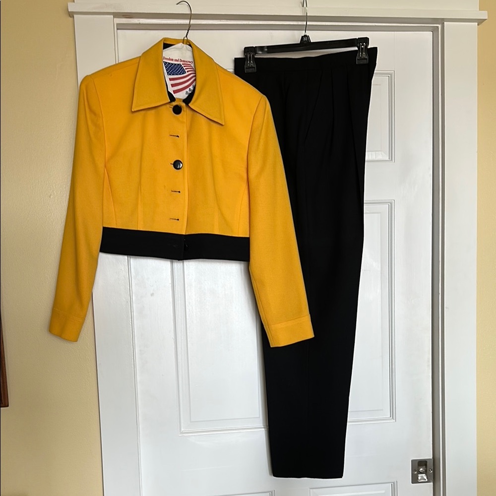 Vintage Christian Dior Yellow and Black Cropped Jacket Pantsuit